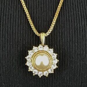 NOLAN MILLER sun pendant necklace - 24" gold-tone faux pearl & clear rhinestone